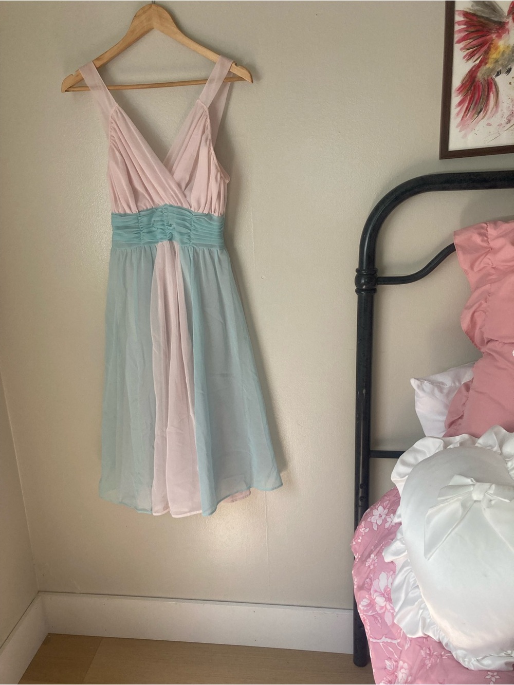 VINTAGE 1980’S colorblocked blue and pink chiffon dress